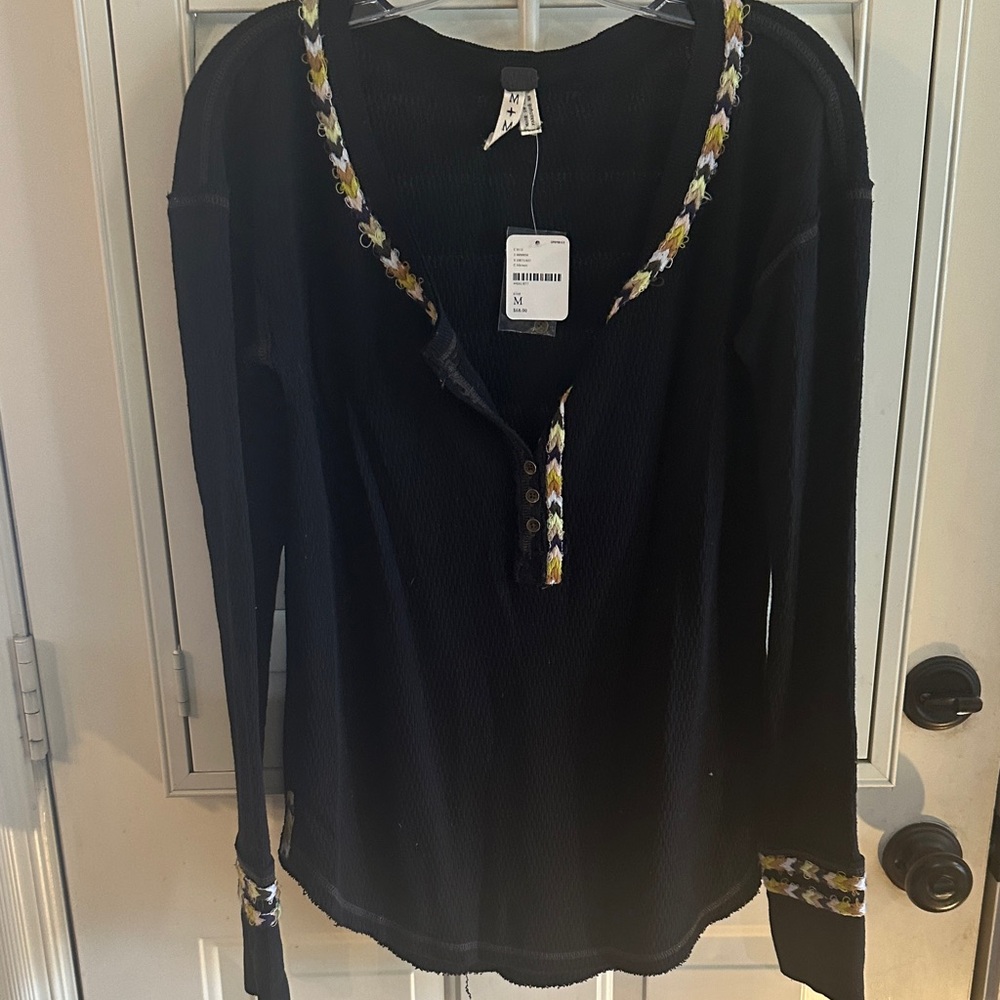 Free People Black Top with Floral Trim